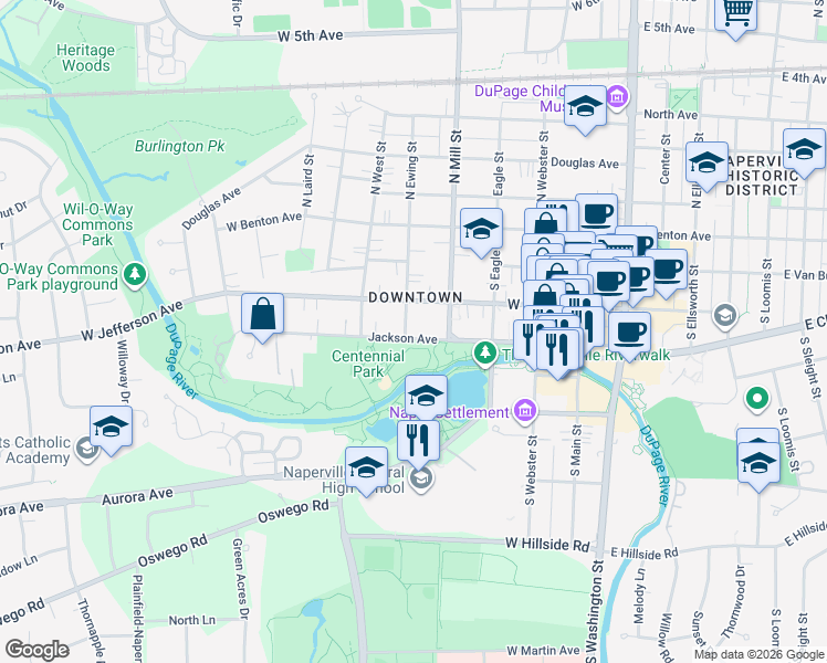 map of restaurants, bars, coffee shops, grocery stores, and more near 219 South Ewing Street in Naperville