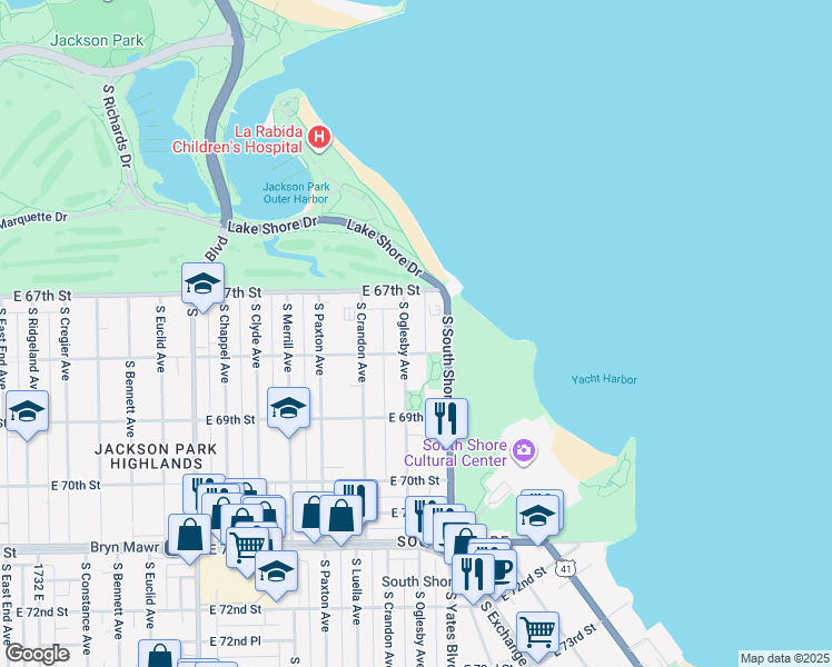 map of restaurants, bars, coffee shops, grocery stores, and more near 6752 South Oglesby Avenue in Chicago