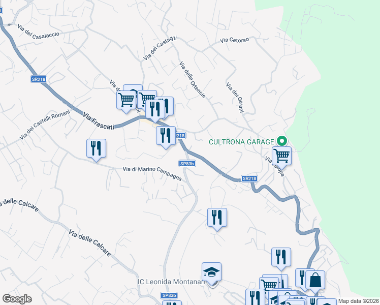 map of restaurants, bars, coffee shops, grocery stores, and more near Via delle Barozze in Rocca di Papa