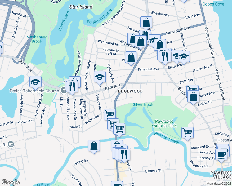 map of restaurants, bars, coffee shops, grocery stores, and more near 190 Warwick Avenue in Cranston