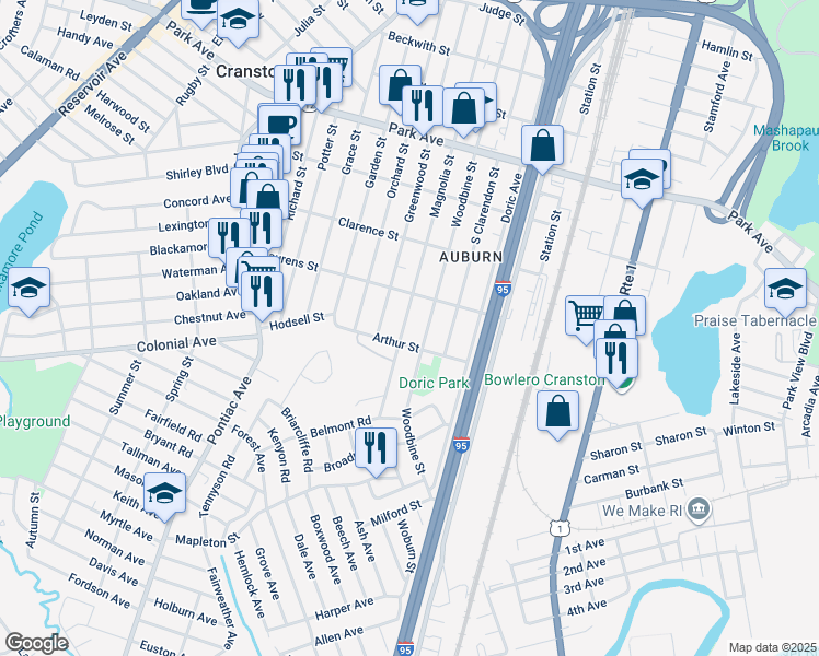 map of restaurants, bars, coffee shops, grocery stores, and more near 301 Magnolia Street in Cranston