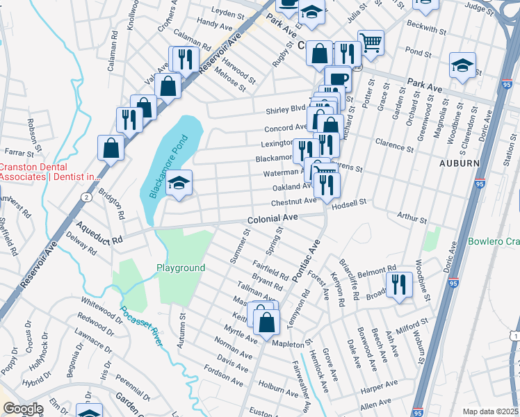 map of restaurants, bars, coffee shops, grocery stores, and more near 75 Colonial Avenue in Cranston