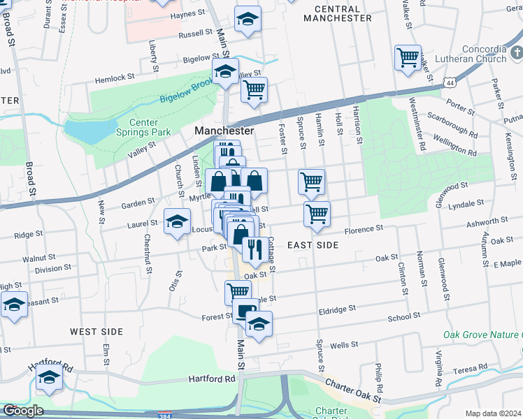 map of restaurants, bars, coffee shops, grocery stores, and more near 44 Bissell Street in Manchester