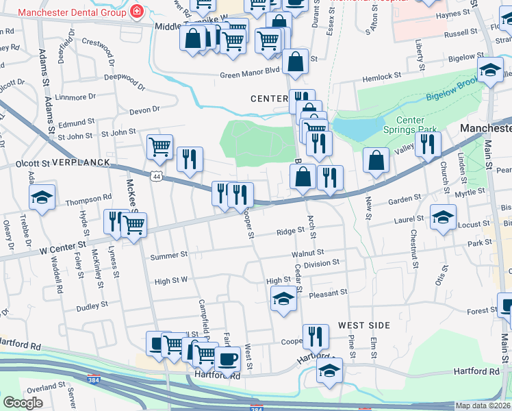map of restaurants, bars, coffee shops, grocery stores, and more near 16 West Center Street in Manchester