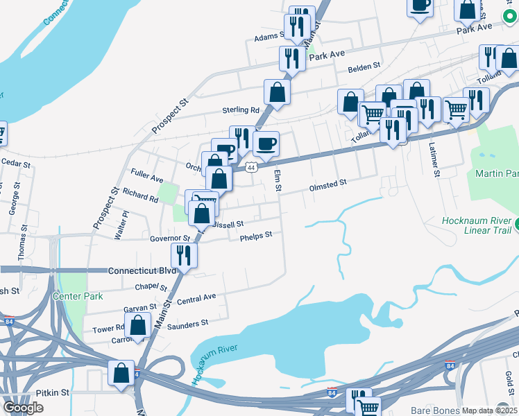 map of restaurants, bars, coffee shops, grocery stores, and more near 11 Lewis Street in East Hartford
