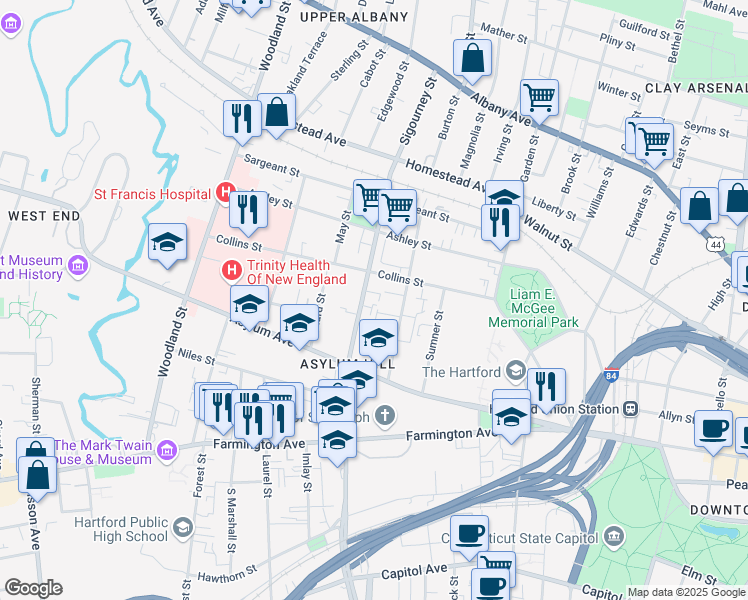 map of restaurants, bars, coffee shops, grocery stores, and more near 188 Sigourney Street in Hartford
