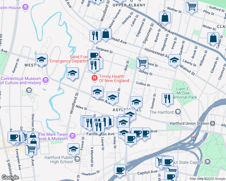 map of restaurants, bars, coffee shops, grocery stores, and more near 19 Townley Street in Hartford