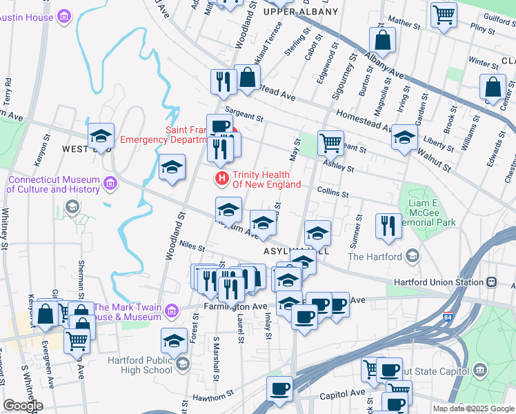 map of restaurants, bars, coffee shops, grocery stores, and more near 19 Townley Street in Hartford