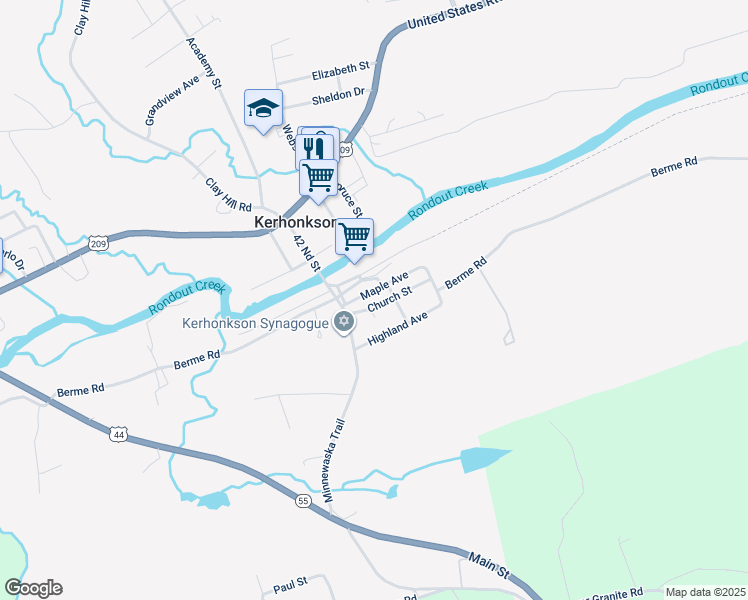 map of restaurants, bars, coffee shops, grocery stores, and more near 111 Church Street in Kerhonkson