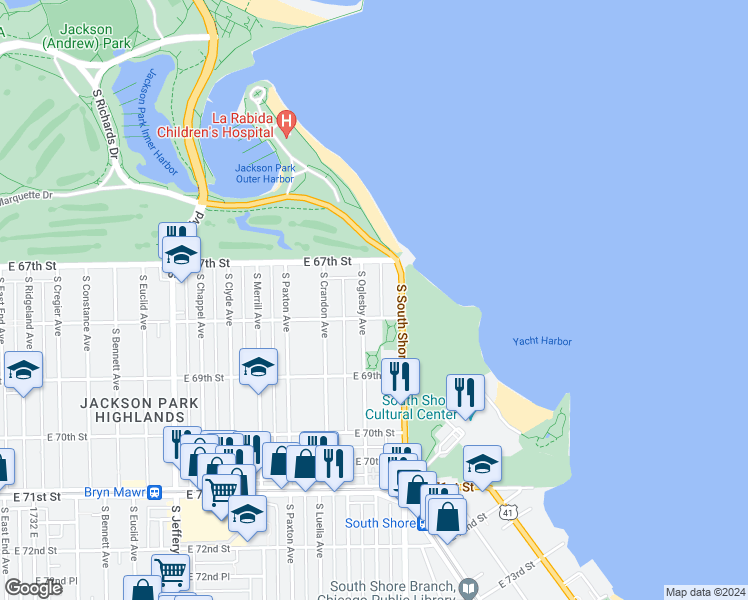 map of restaurants, bars, coffee shops, grocery stores, and more near 6752 South Oglesby Avenue in Chicago