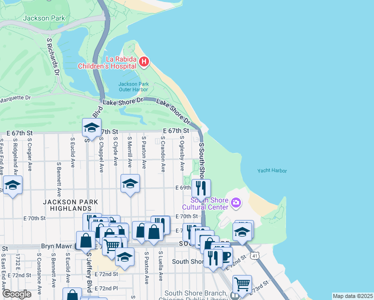 map of restaurants, bars, coffee shops, grocery stores, and more near 6752 South Oglesby Avenue in Chicago