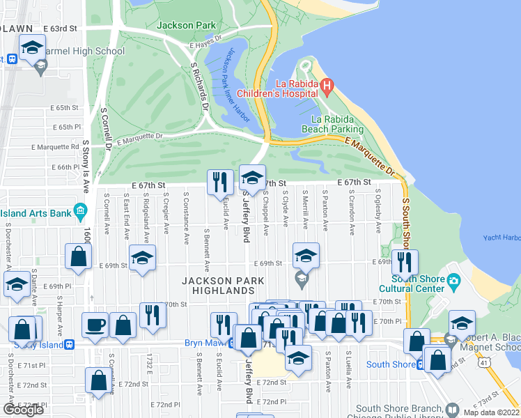 map of restaurants, bars, coffee shops, grocery stores, and more near 6751 South Jeffery Boulevard in Chicago