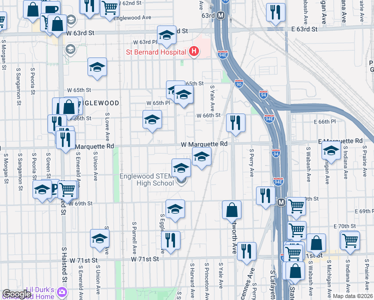 map of restaurants, bars, coffee shops, grocery stores, and more near 6717 South Stewart Avenue in Chicago