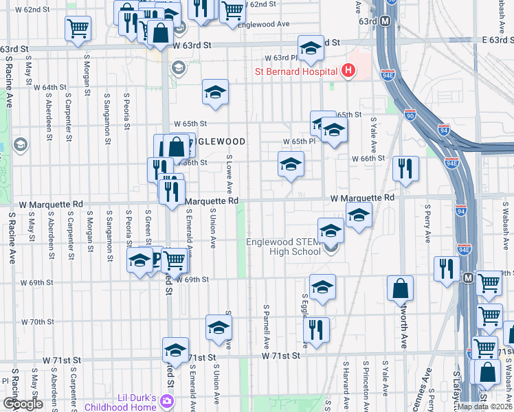 map of restaurants, bars, coffee shops, grocery stores, and more near 6716 South Parnell Avenue in Chicago