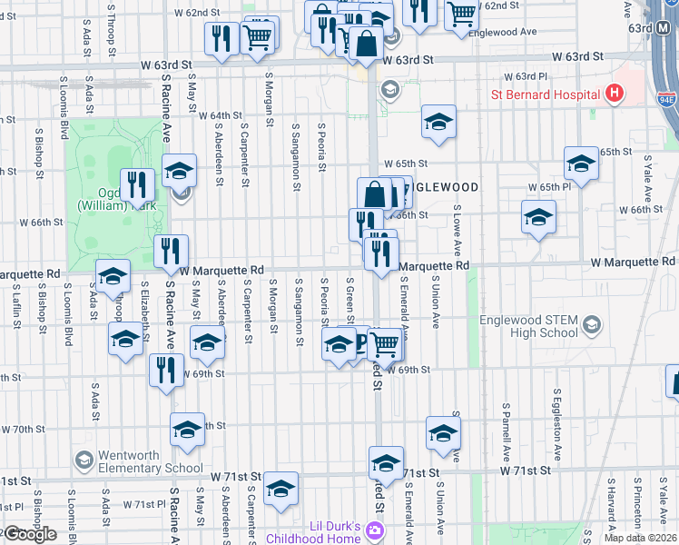 map of restaurants, bars, coffee shops, grocery stores, and more near 6711 South Peoria Street in Chicago