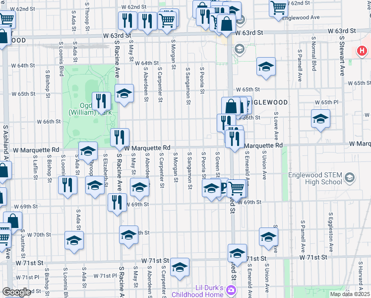 map of restaurants, bars, coffee shops, grocery stores, and more near 6713 South Sangamon Street in Chicago