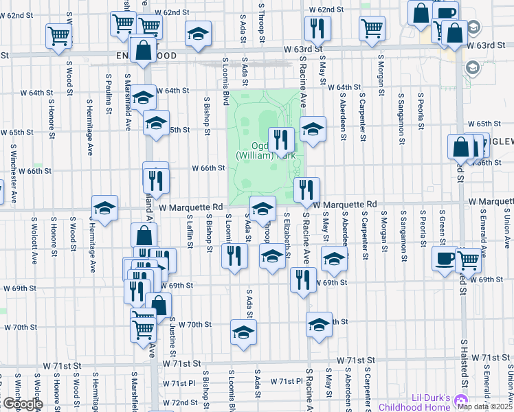 map of restaurants, bars, coffee shops, grocery stores, and more near 1303 West Marquette Road in Chicago