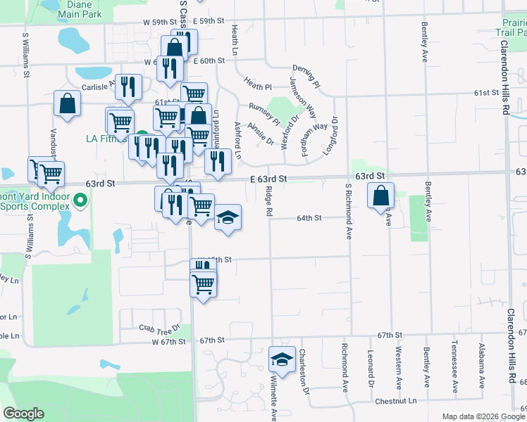 map of restaurants, bars, coffee shops, grocery stores, and more near 1300 Ridge Road in Westmont