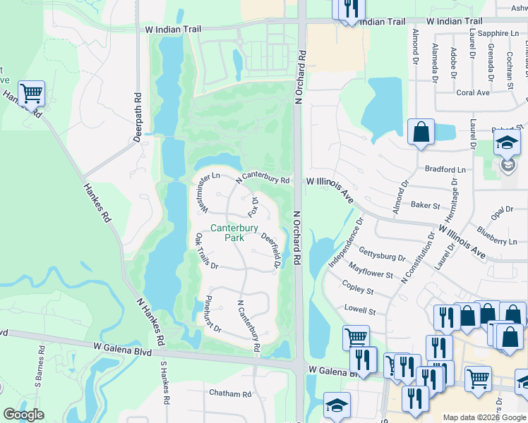 map of restaurants, bars, coffee shops, grocery stores, and more near 2454 Fox Drive in Aurora