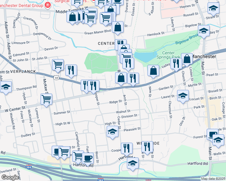 map of restaurants, bars, coffee shops, grocery stores, and more near 342 Center Street in Manchester