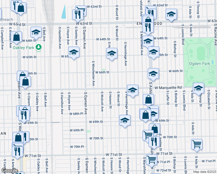 map of restaurants, bars, coffee shops, grocery stores, and more near 1841 West Marquette Road in Chicago