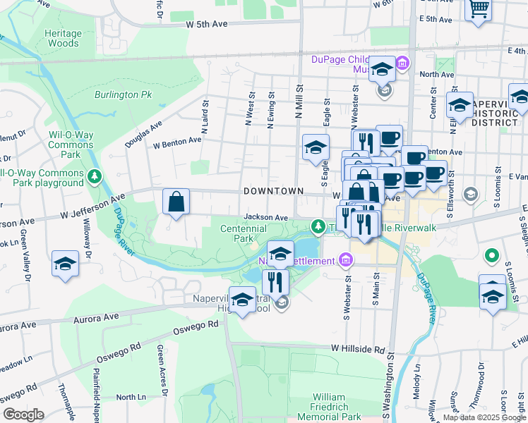 map of restaurants, bars, coffee shops, grocery stores, and more near 219 South Ewing Street in Naperville