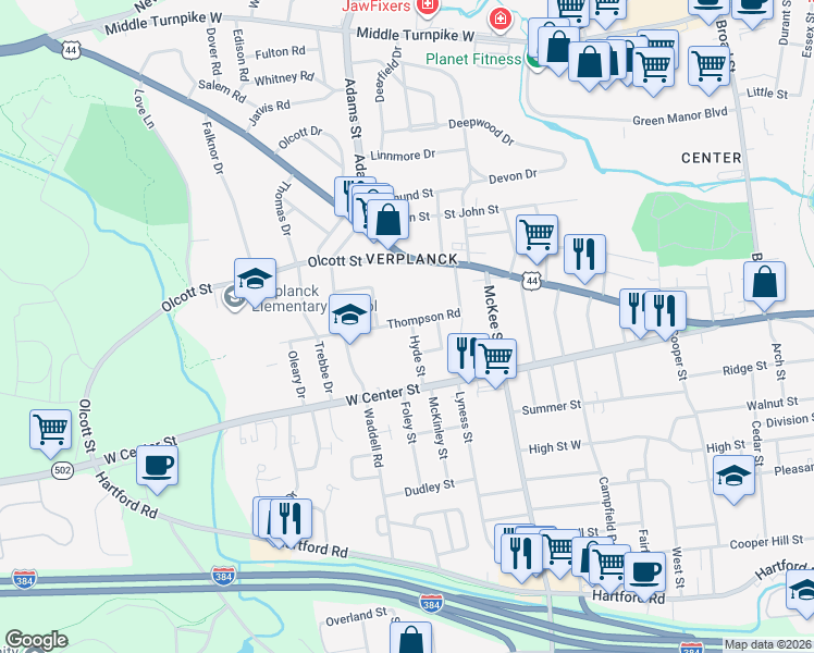 map of restaurants, bars, coffee shops, grocery stores, and more near 50 Hyde Street in Manchester