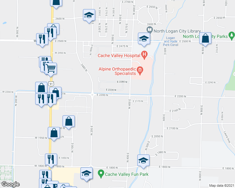 map of restaurants, bars, coffee shops, grocery stores, and more near 338d East 2200 North in North Logan