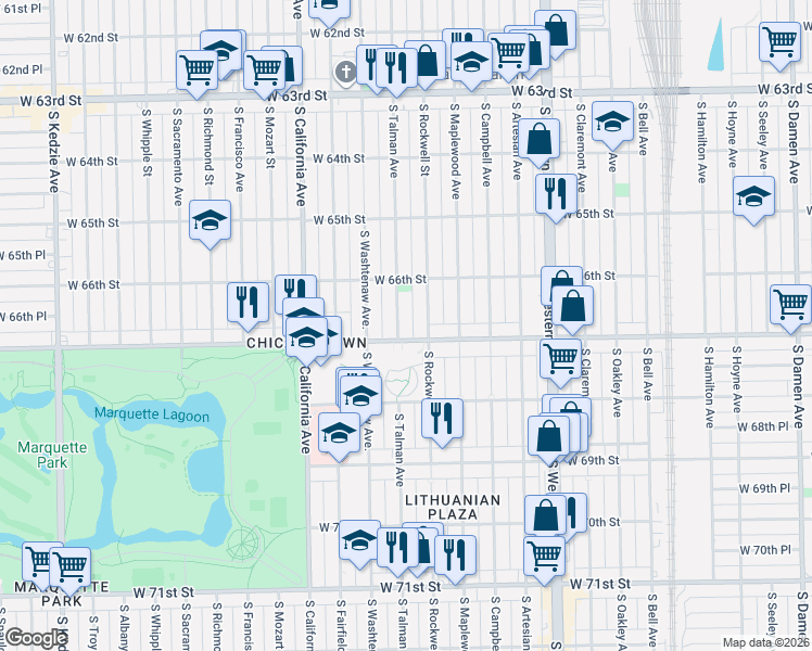 map of restaurants, bars, coffee shops, grocery stores, and more near 6658 South Rockwell Street in Chicago