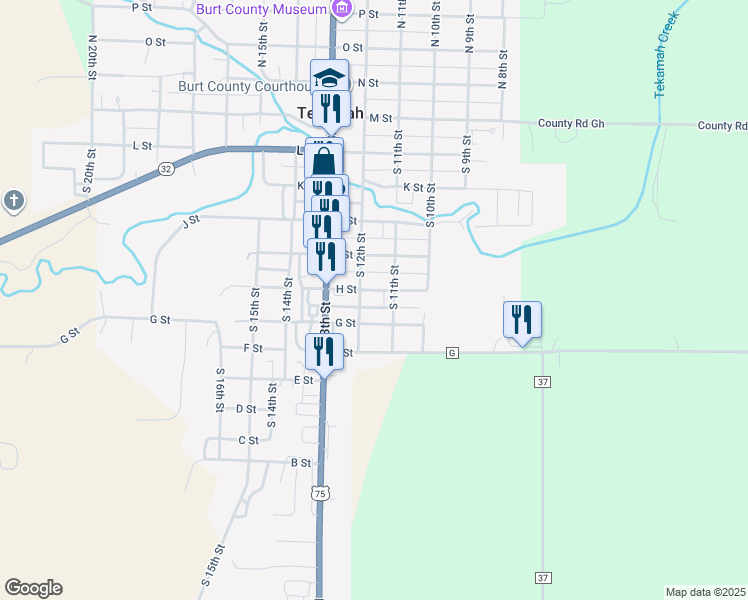 map of restaurants, bars, coffee shops, grocery stores, and more near 1110 G Street in Tekamah