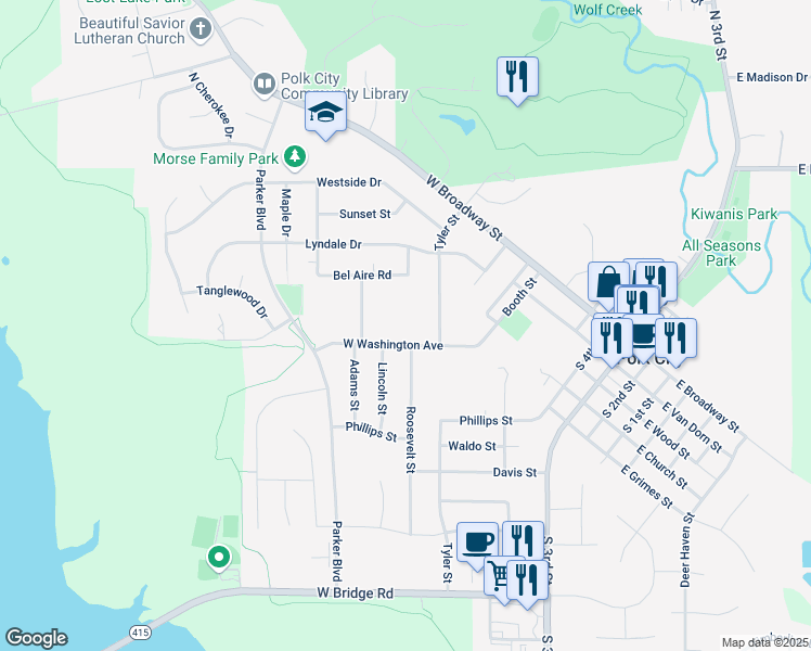 map of restaurants, bars, coffee shops, grocery stores, and more near 1002 West Washington Avenue in Polk City