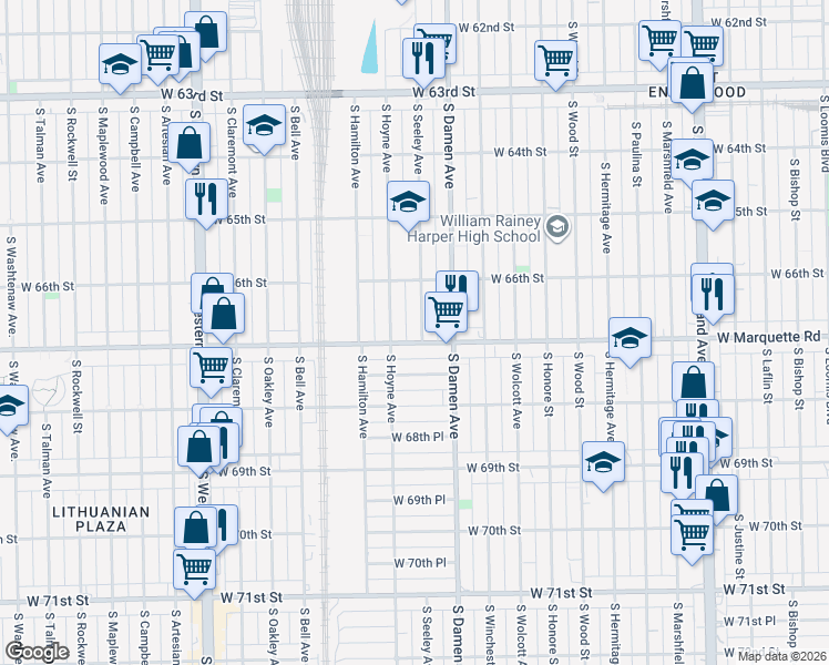 map of restaurants, bars, coffee shops, grocery stores, and more near 6650 South Seeley Avenue in Chicago