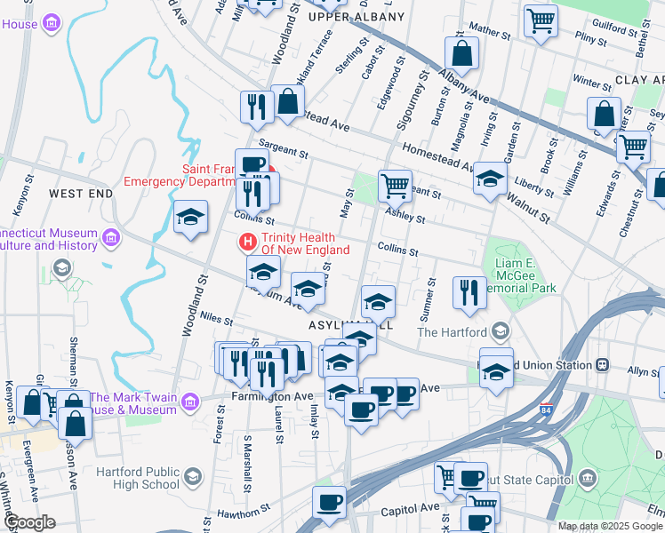 map of restaurants, bars, coffee shops, grocery stores, and more near 50 Willard Street in Hartford