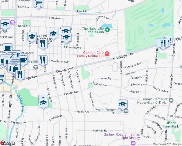 map of restaurants, bars, coffee shops, grocery stores, and more near 960 East Chicago Avenue in Naperville