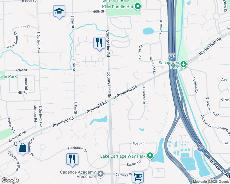 map of restaurants, bars, coffee shops, grocery stores, and more near 6401 South County Line Road in Burr Ridge