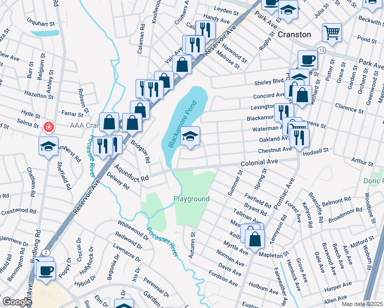map of restaurants, bars, coffee shops, grocery stores, and more near 180 Oakland Avenue in Cranston