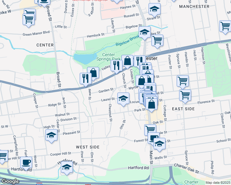 map of restaurants, bars, coffee shops, grocery stores, and more near 23 Laurel Street in Manchester