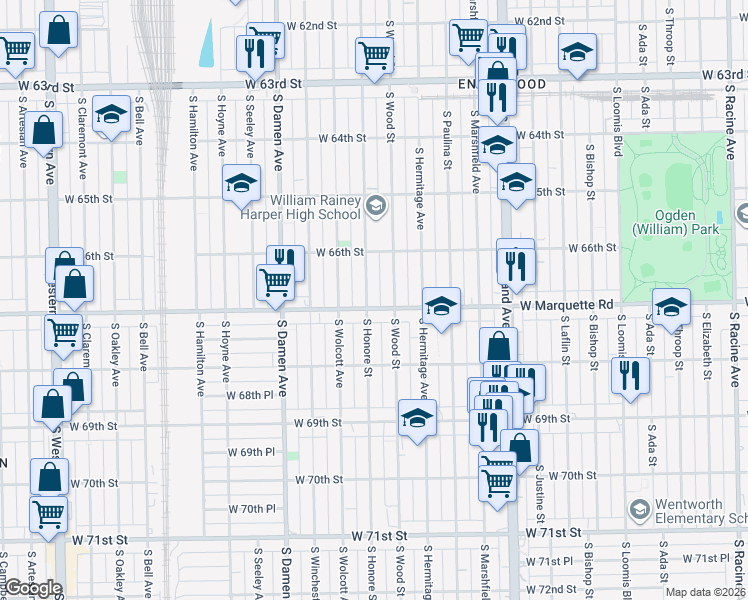 map of restaurants, bars, coffee shops, grocery stores, and more near 1841 West Marquette Road in Chicago