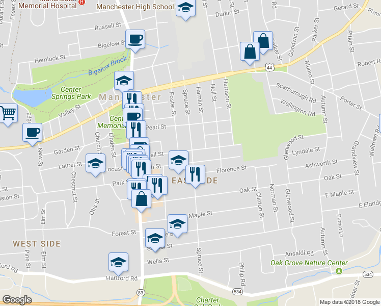 map of restaurants, bars, coffee shops, grocery stores, and more near 98 Bissell Street in Manchester