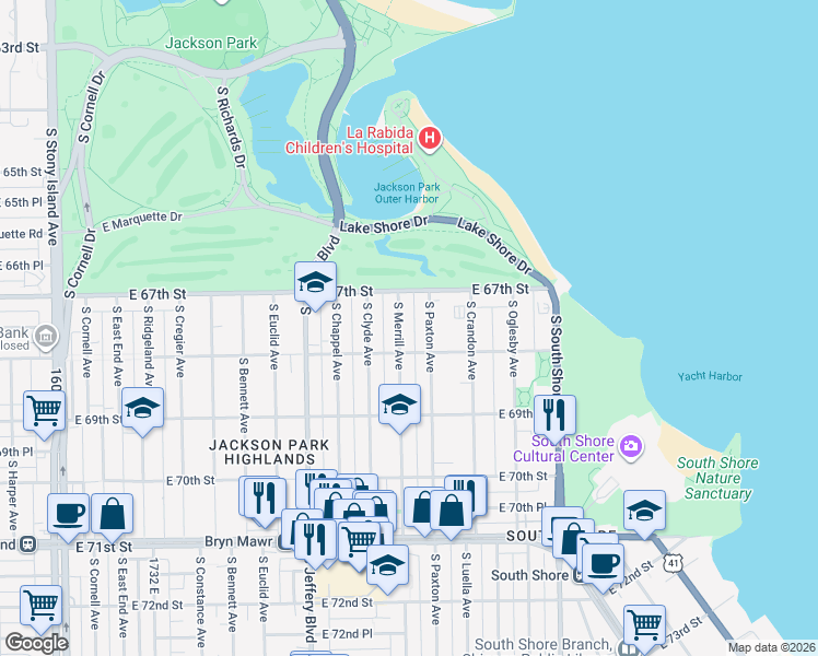 map of restaurants, bars, coffee shops, grocery stores, and more near 6752 South Merrill Avenue in Chicago