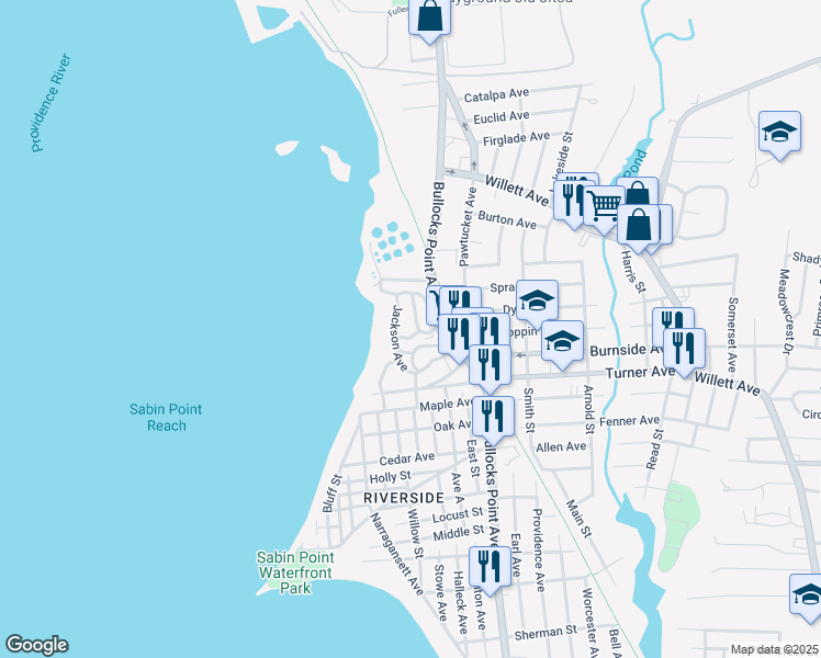 map of restaurants, bars, coffee shops, grocery stores, and more near 15 Jefferson Avenue in East Providence