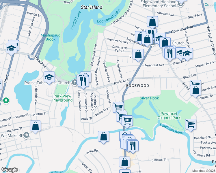 map of restaurants, bars, coffee shops, grocery stores, and more near 20 Lyndon Road in Cranston