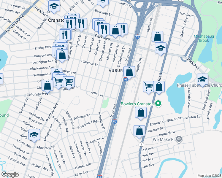 map of restaurants, bars, coffee shops, grocery stores, and more near 292 Woodbine Street in Cranston