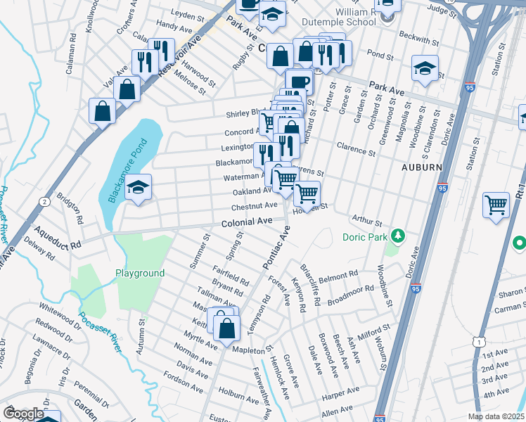 map of restaurants, bars, coffee shops, grocery stores, and more near 41 Colonial Avenue in Cranston