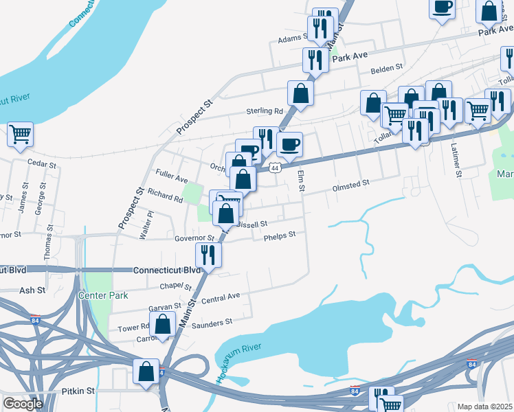 map of restaurants, bars, coffee shops, grocery stores, and more near 21 Wells Avenue in East Hartford