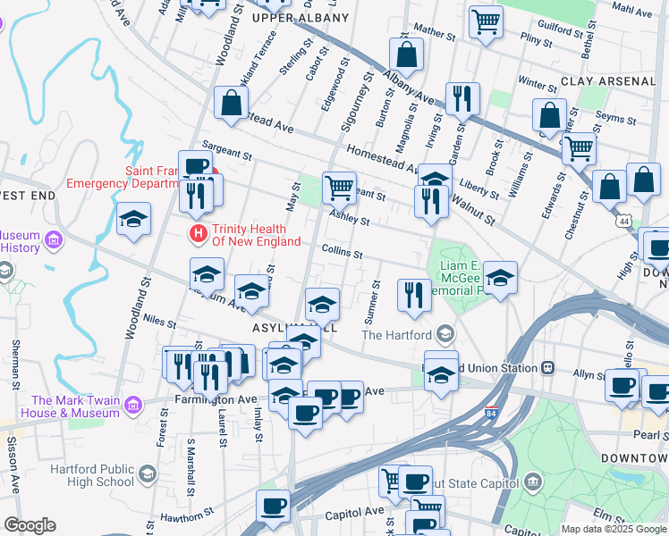 map of restaurants, bars, coffee shops, grocery stores, and more near 57 Huntington Street in Hartford