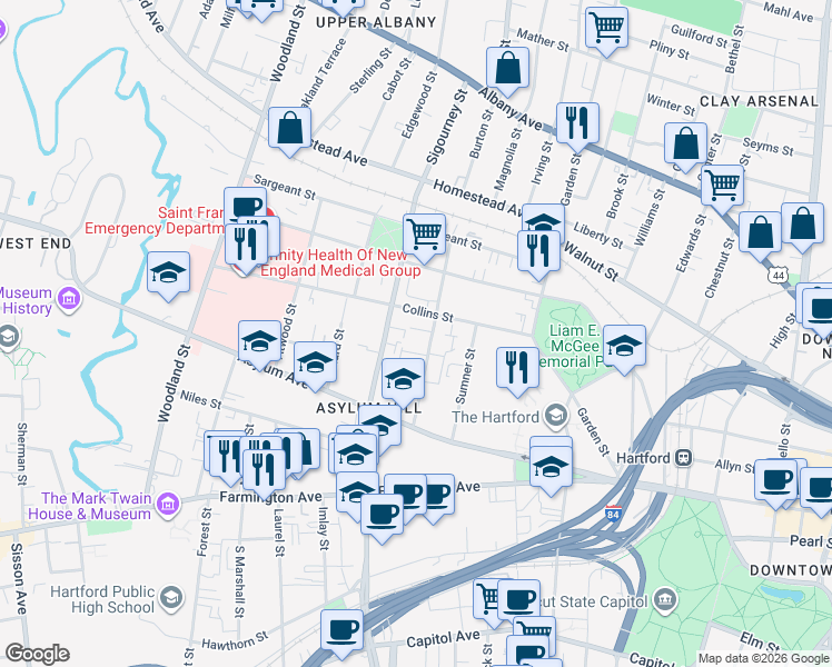 map of restaurants, bars, coffee shops, grocery stores, and more near 57 Huntington Street in Hartford