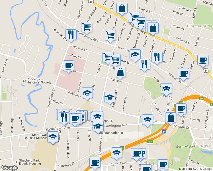 map of restaurants, bars, coffee shops, grocery stores, and more near 188 Sigourney Street in Hartford