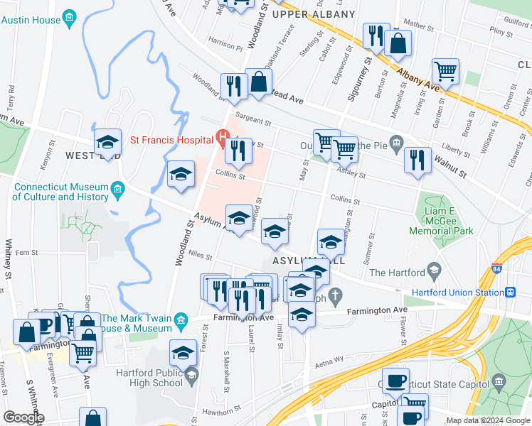 map of restaurants, bars, coffee shops, grocery stores, and more near 19 Townley Street in Hartford