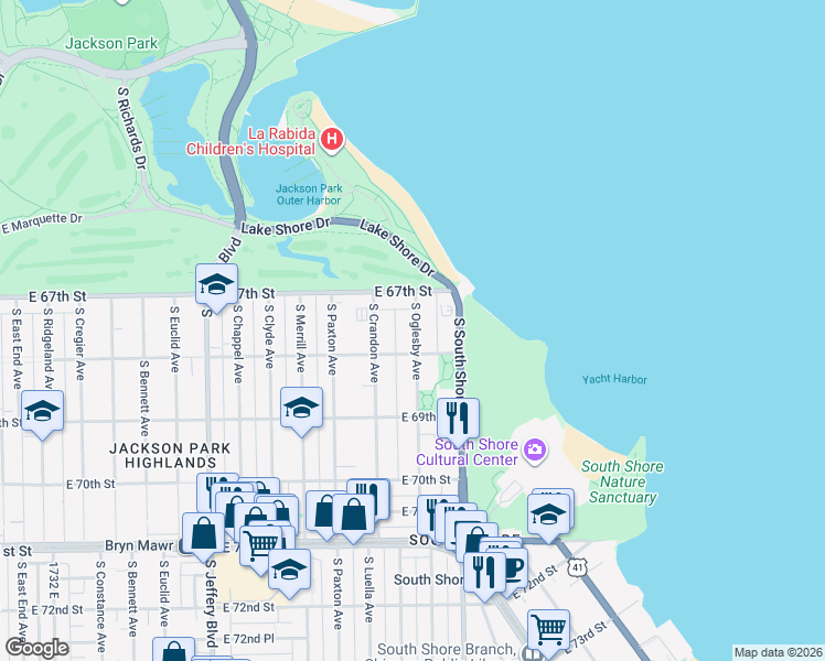 map of restaurants, bars, coffee shops, grocery stores, and more near 6756 South Oglesby Avenue in Chicago